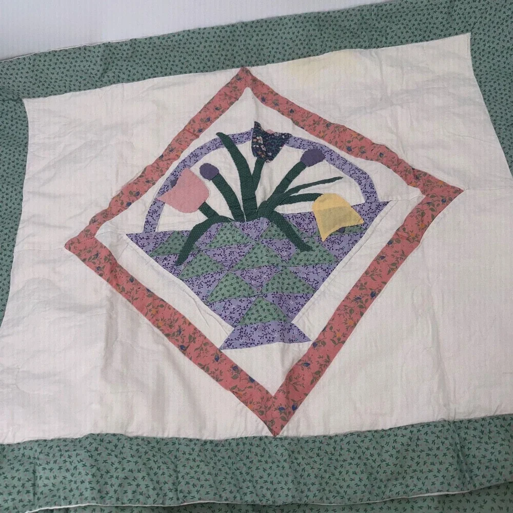 2 Quilted Pillow Shams basket of tulips in green, pink, and purple fabrics